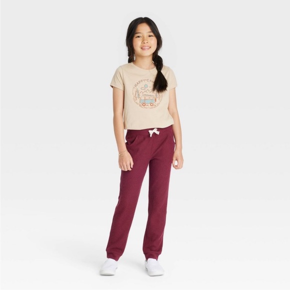 Girls' Cozy Waffle Burgundy Jogger Pants - Picture 1 of 4